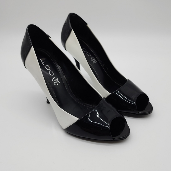 Aus6/ 37 Aldo Black and White Patent Leather Open Toe Heels Shoes - Picture 15 of 16